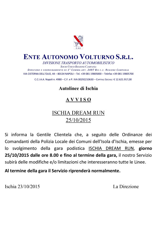 Avviso per la Gara Ischia Dream Run 25 10 15